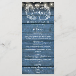 String Lights Blauw Rustiek Hout Bloemen Bruiloft Menu