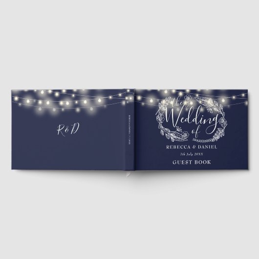 String Lights Bloemen Navy Blauw Bruiloft Gastenboek (Volledig)