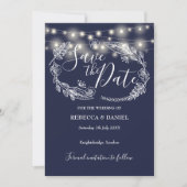 String Lights Bloemen Navy Blauw Bruiloft Save The Date (Voorkant)