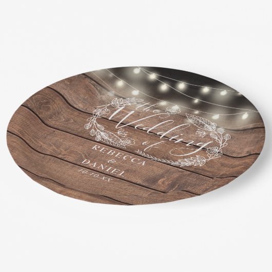 String Lights Bloemen Rustieke Houten Bruiloft Papieren Bordje (Gekanteld)