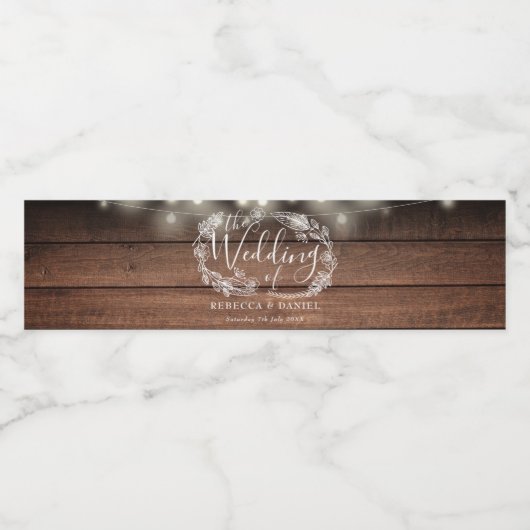 String Lights Bloemen Rustieke Houten Bruiloft Waterfles Etiket (Enkel label)