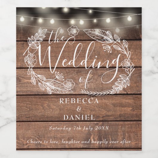 String Lights Bloemen Rustieke Houten Bruiloft Wijn Etiket (Enkel label)