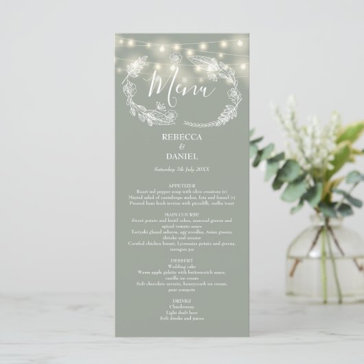 String Lights Bloemen Sage Groene Bruiloft Menu (Staand voorkant)