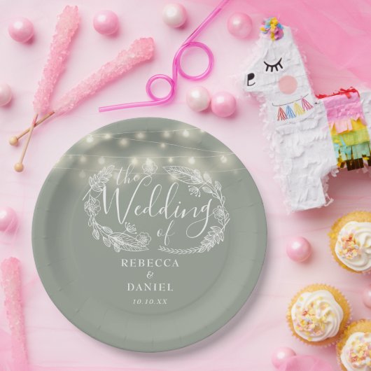 String Lights Bloemen Sage Groene Bruiloft Papieren Bordje (Feest)