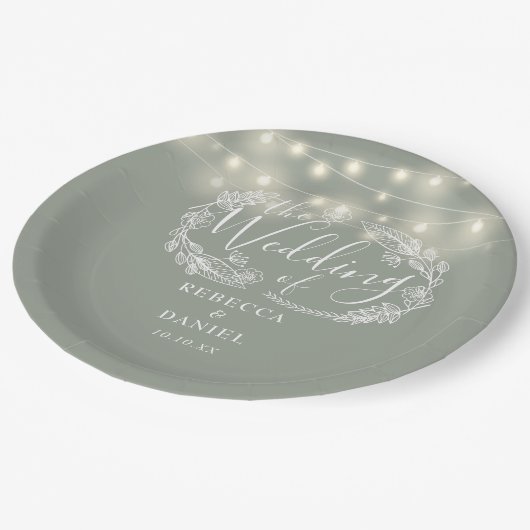 String Lights Bloemen Sage Groene Bruiloft Papieren Bordje (Gekanteld)