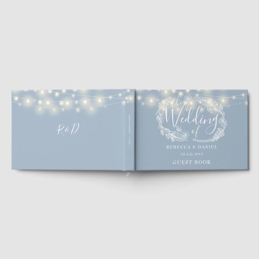 String Lights Bloemen Stoffig Blauw Bruiloft Gastenboek (Volledig)