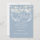 String Lights Bloemen Stoffig Blauw Bruiloft Save The Date (Voorkant)