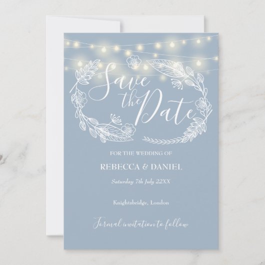 String Lights Bloemen Stoffig Blauw Bruiloft Save The Date (Voorkant)