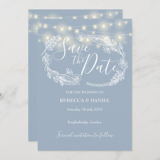 String Lights Bloemen Stoffig Blauw Bruiloft Save The Date (Voorkant / Achterkant)