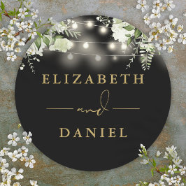 String Lights Bloemen Zwart en Goud Huwelijksgunst Ronde Sticker