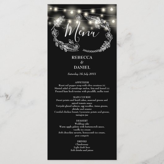 String Lights Bloemen Zwart-wit bruiloft Menu (Voorkant)