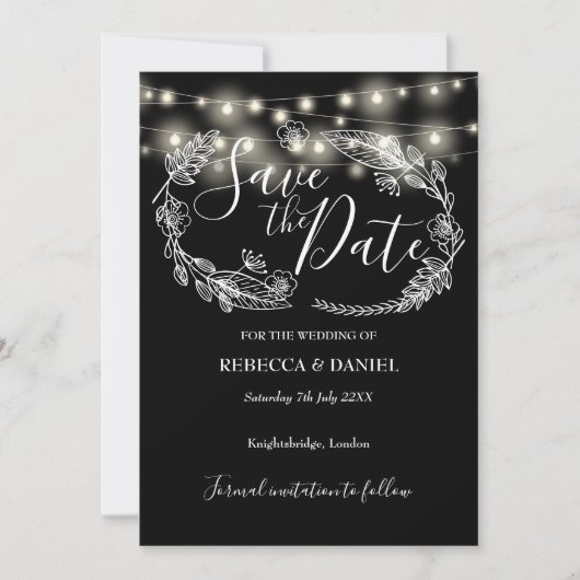 String Lights Bloemen Zwart-wit bruiloft Save The Date (Voorkant)