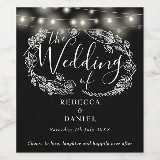 String Lights Bloemen Zwart-wit bruiloft Wijn Etiket (Enkel label)