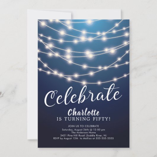 String Lights Blue Celebrate Birthday Invitation Kaart (Voorkant)