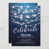 String Lights Blue Celebrate Birthday Invitation Kaart (Voorkant / Achterkant)