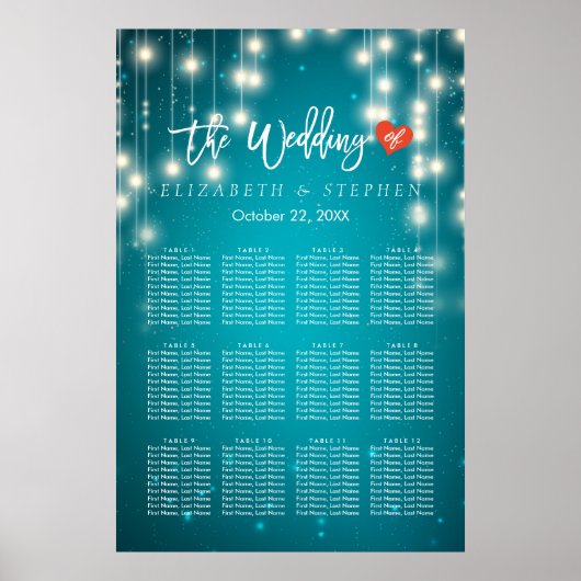 String Lights Blue Glitter Wedding Seating Chart Poster (Voorkant)