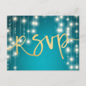 String Lights Blue Gold Script Weduwend RSVP ReAnt Uitnodiging Briefkaart (Voorkant)