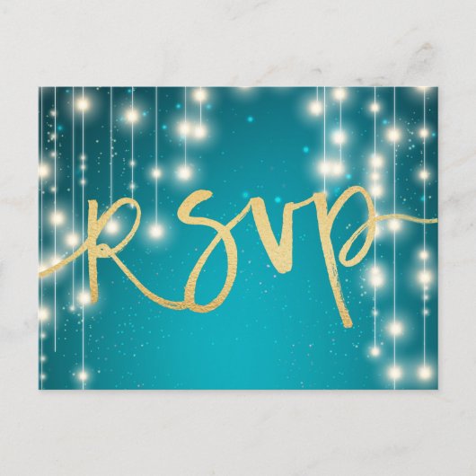 String Lights Blue Gold Script Weduwend RSVP ReAnt Uitnodiging Briefkaart (Voorkant)