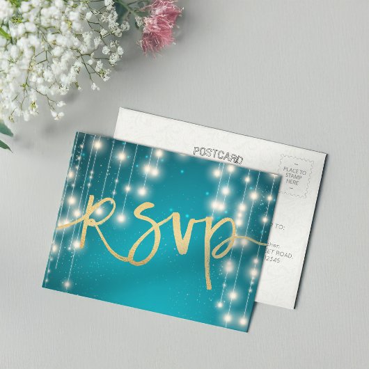 String Lights Blue Gold Script Weduwend RSVP ReAnt Uitnodiging Briefkaart