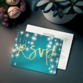 String Lights Blue Gold Script Weduwend RSVP ReAnt Uitnodiging Briefkaart