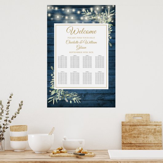 String Lights Blue Rustic Floral Seating Chart Poster (Keuken)