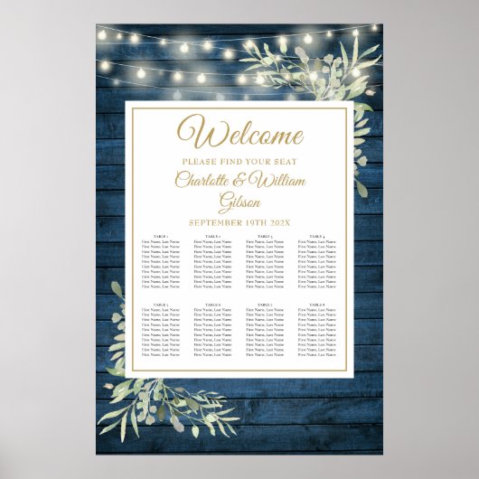 String Lights Blue Rustic Floral Seating Chart Poster (Voorkant)