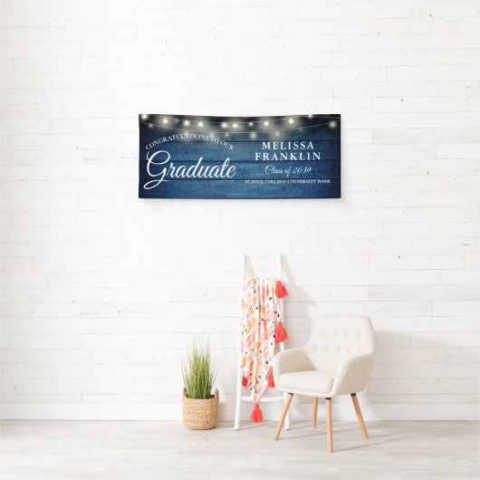 String Lights Blue Rustic Wood Afstuderen Banner (Insitu)