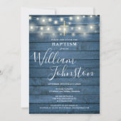 String Lights Blue Rustic Wood Baptism Christening Kaart (Voorkant)