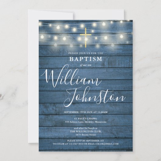 String Lights Blue Rustic Wood Baptism Christening Kaart (Voorkant)