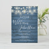 String Lights Blue Rustic Wood Baptism Christening Kaart (Staand voorkant)