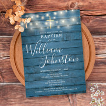 String Lights Blue Rustic Wood Baptism Christening