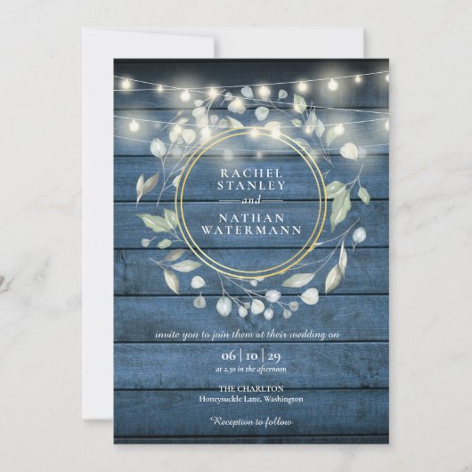 String Lights Blue Rustic Wood Greenery Wedding in Kaart (Voorkant)