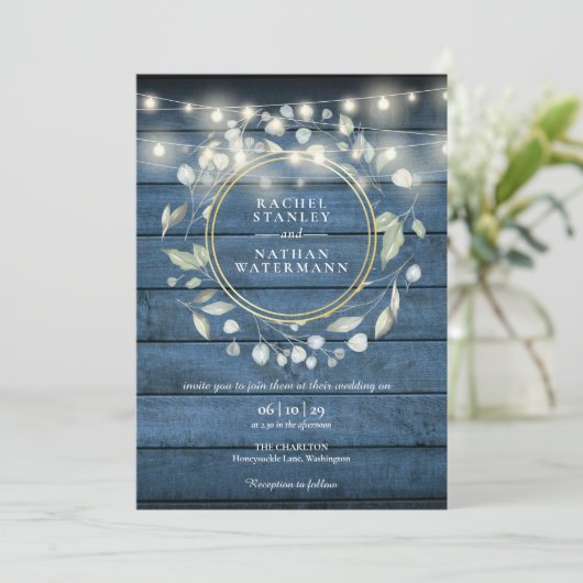 String Lights Blue Rustic Wood Greenery Wedding in Kaart (Staand voorkant)