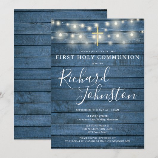 String Lights Blue Wood First Heilige Communie Kaart (Voorkant / Achterkant)