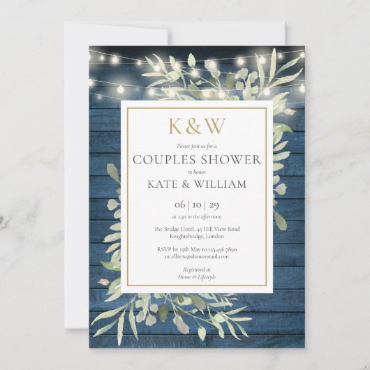 String Lights Blue Wood Monogram Couples Shower Kaart (Voorkant)