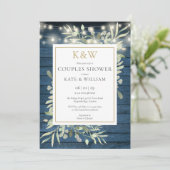 String Lights Blue Wood Monogram Couples Shower Kaart (Staand voorkant)