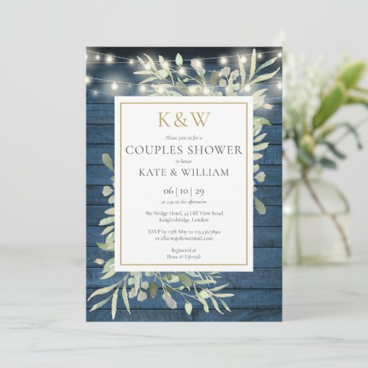 String Lights Blue Wood Monogram Couples Shower Kaart (Staand voorkant)