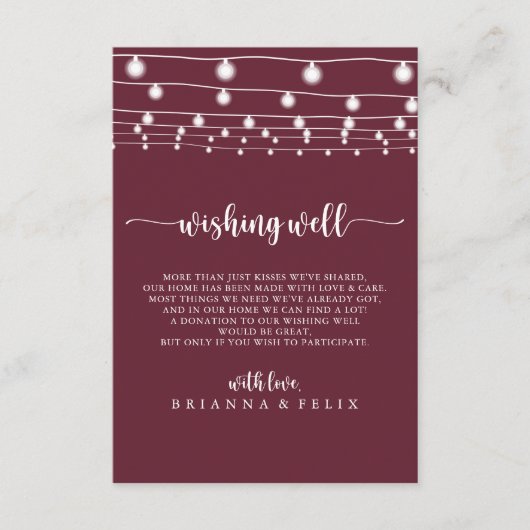 String Lights Bourgondische bruiloft goed te wense Informatiekaartje (Voorkant)