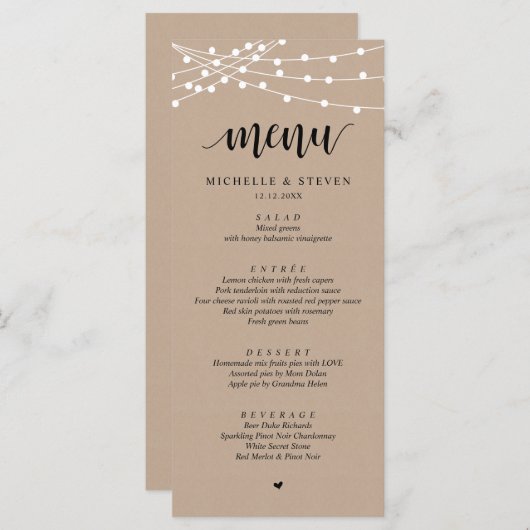 String Lights Brown Kraft Wedding Elopement Dinner Menu (Voorkant / Achterkant)