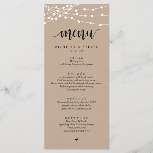 String Lights Brown Kraft Wedding Elopement Dinner Menu (Voorkant)