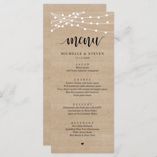String Lights Brown Wood Weddenschap Elopement Din Menu (Voorkant / Achterkant)