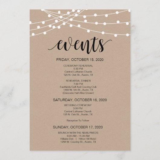 String Lights, bruiloft welkom en reisschema Kaart (Achterkant)