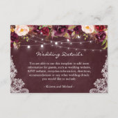String Lights Burgundy Floral Lace Wedding Details Informatiekaartje (Voorkant)