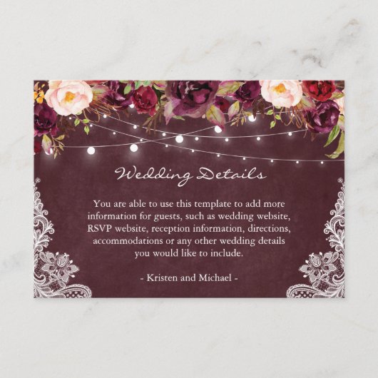 String Lights Burgundy Floral Lace Wedding Details Informatiekaartje (Voorkant)