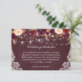 String Lights Burgundy Floral Lace Wedding Details Informatiekaartje (Staand voorkant)