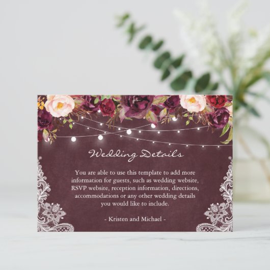 String Lights Burgundy Floral Lace Wedding Details Informatiekaartje (Staand voorkant)