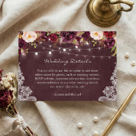 String Lights Burgundy Floral Lace Wedding Details Informatiekaartje