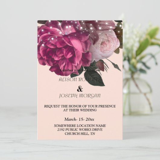 String Lights Burgundy Flowers Weddenschap Kaart (Staand voorkant)