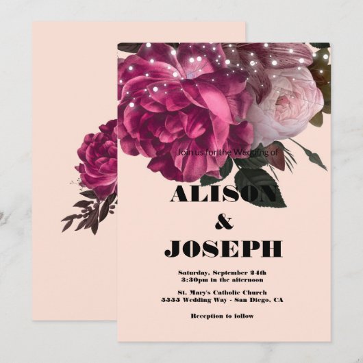 String Lights Burgundy Flowers Weddenschap Kaart (Voorkant / Achterkant)