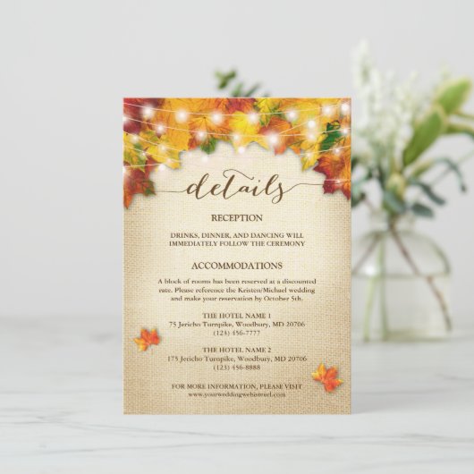 String Lights Burlap Autumn Leaves Wedding Detail Informatiekaartje (Staand voorkant)